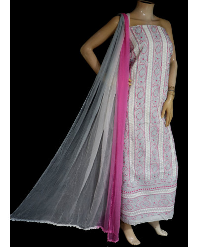 ISHIEQA's White-Grey Cotton Chikankari Dress Material - KL0727D