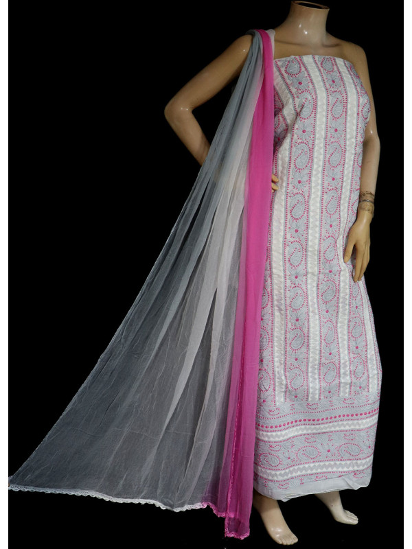 ISHIEQA's White-Grey Cotton Chikankari Dress Material - KL0727D