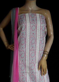 ISHIEQA's White-Grey Cotton Chikankari Dress Material - KL0727D