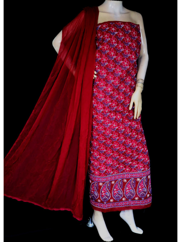 ISHIEQA's Red Cotton Chikankari Dress Material - KL0410D