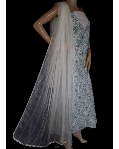 ISHIEQA's White-Green Cotton Chikankari Dress Material - KL0411D
