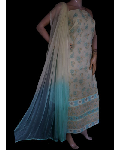 ISHIEQA's Beige-Green Cotton Chikankari Dress Material - KL0513D