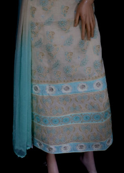 ISHIEQA's Beige-Green Cotton Chikankari Dress Material - KL0513D