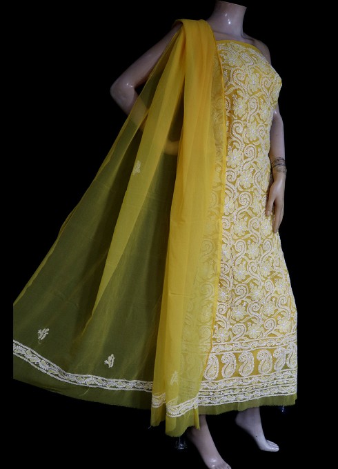 ISHIEQA's Yellow Georgette Chikankari Dress Material-KL0626D