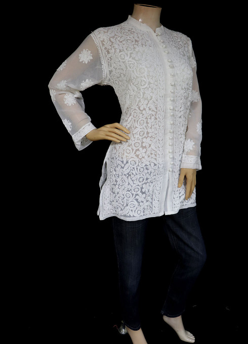 ISHIEQA's White Georgette Chikankari Short Top - SC0118D