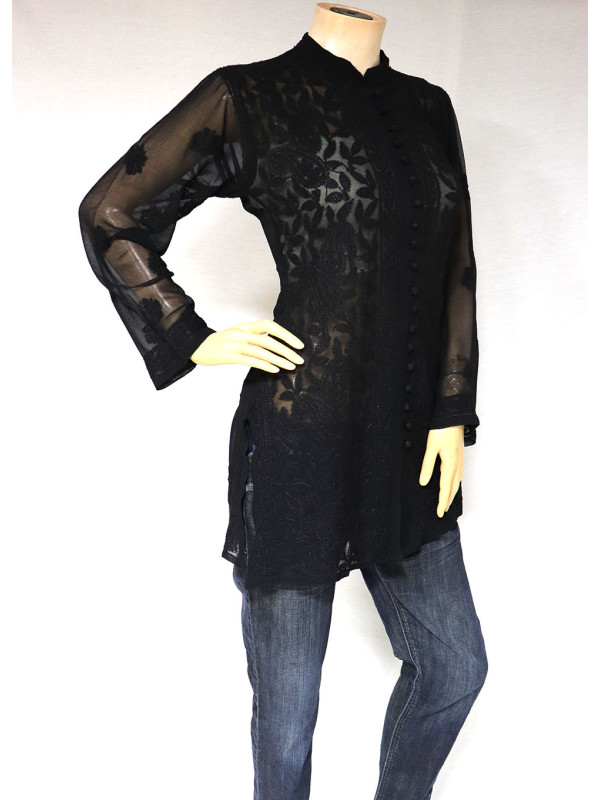 ISHIEQA's Black Georgette Chikankari Short Top - SC0118D