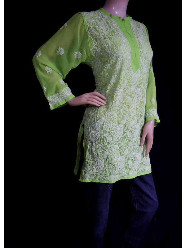 ISHIEQA's Green Georgette Chikankari Top - MV0803D