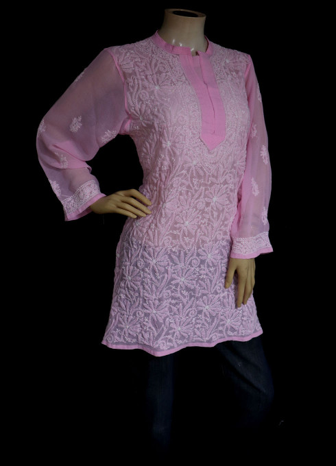 ISHIEQA's Pink Georgette Chikankari Top - MV0803D