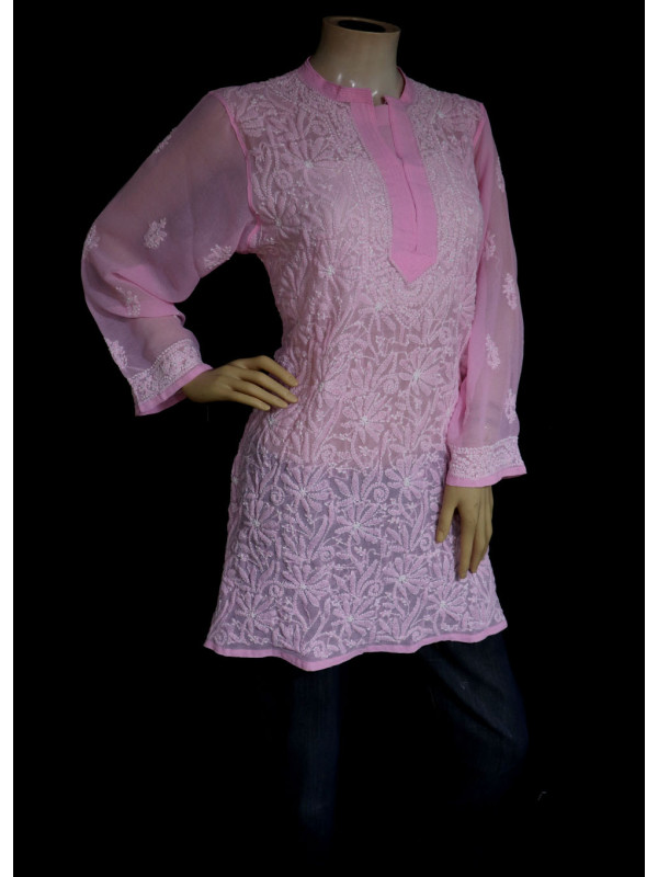 ISHIEQA's Pink Georgette Chikankari Top - MV0803D