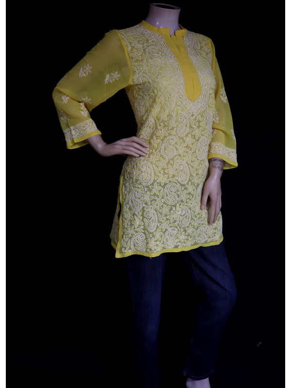 ISHIEQA's Yellow Georgette Chikankari Top - MV0803D