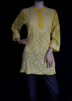 ISHIEQA's Yellow Georgette Chikankari Top - MV0803D