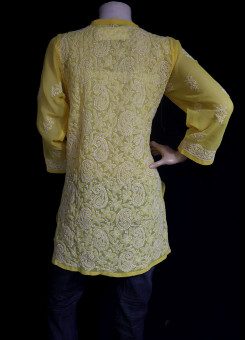 ISHIEQA's Yellow Georgette Chikankari Top - MV0803D