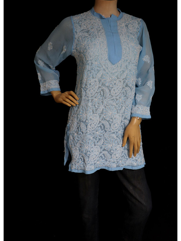 ISHIEQA's Blue Georgette Chikankari Top - MV0803D