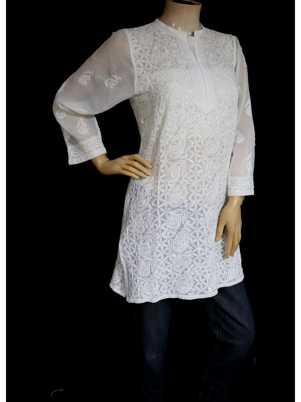 ISHIEQA's White Georgette Chikankari Top - MV0803D