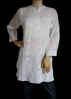 ISHIEQA's White Georgette Chikankari Top - MV0803D