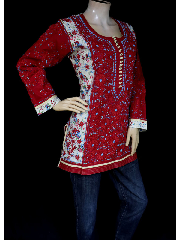ISHIEQA's Designer Red Cotton Chikankari Top - MC0101D