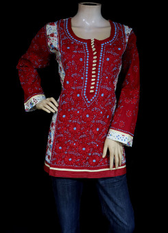 ISHIEQA's Designer Red Cotton Chikankari Top - MC0101D