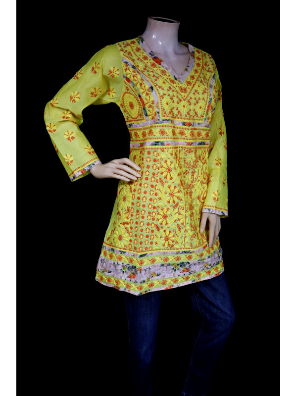 ISHIEQA's Designer Yellow Chanderi Chikankari Top - MC0101D