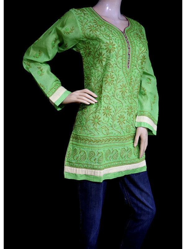 ISHIEQA's Designer Green Chanderi Chikankari Top - MC0101D