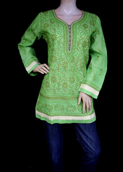ISHIEQA's Designer Green Chanderi Chikankari Top - MC0101D