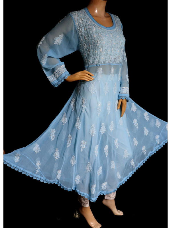 ISHIEQA's Blue Georgette A-Line Chikankari Kurti - MV1401D