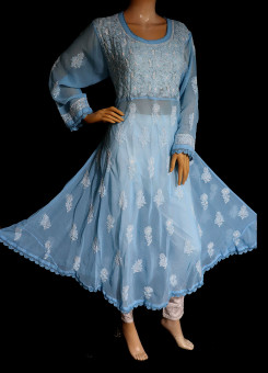 ISHIEQA's Blue Georgette A-Line Chikankari Kurti - MV1401D
