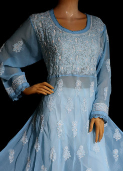 ISHIEQA's Blue Georgette A-Line Chikankari Kurti - MV1401D