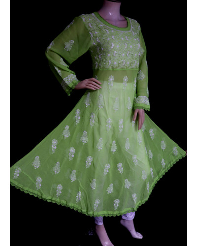 ISHIEQA's Green Georgette A-Line Chikankari Kurti - MV1401D