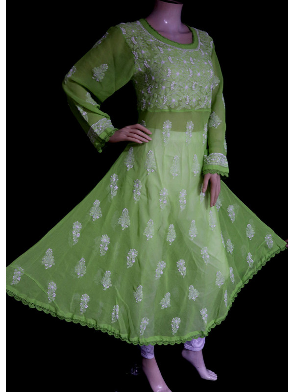 ISHIEQA's Green Georgette A-Line Chikankari Kurti - MV1401D