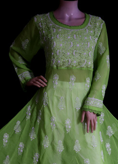 ISHIEQA's Green Georgette A-Line Chikankari Kurti - MV1401D