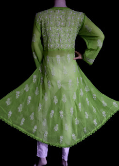 ISHIEQA's Green Georgette A-Line Chikankari Kurti - MV1401D