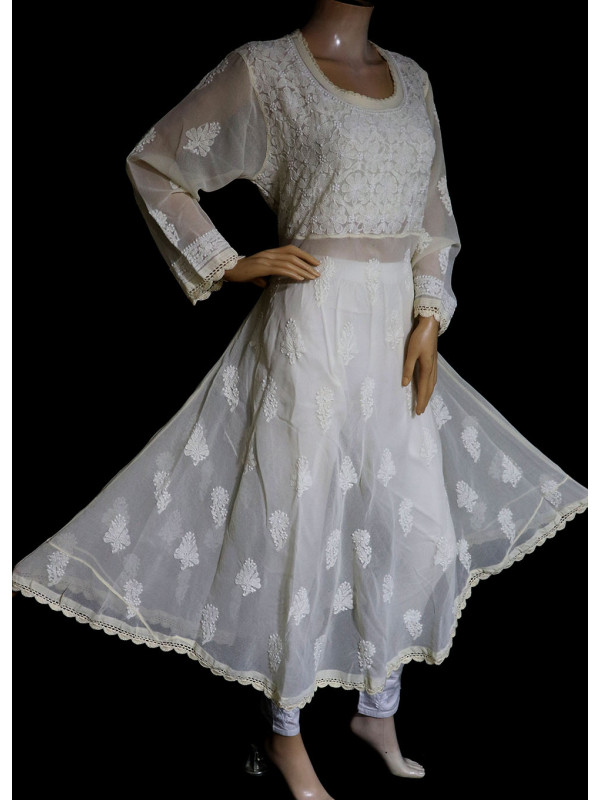 ISHIEQA's Beige Georgette A-Line Chikankari Kurti - MV1401D
