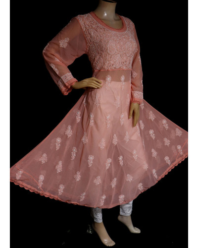 ISHIEQA's Peach Georgette A-Line Chikankari Kurti - MV1401D