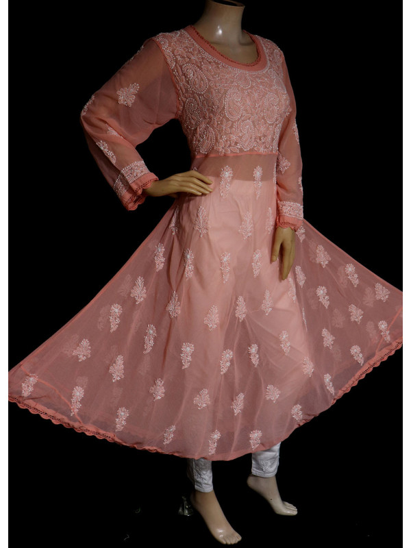 ISHIEQA's Peach Georgette A-Line Chikankari Kurti - MV1401D
