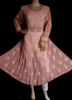 ISHIEQA's Peach Georgette A-Line Chikankari Kurti - MV1401D