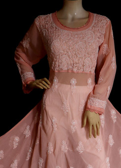 ISHIEQA's Peach Georgette A-Line Chikankari Kurti - MV1401D