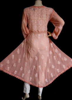 ISHIEQA's Peach Georgette A-Line Chikankari Kurti - MV1401D