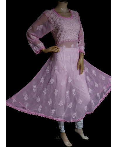 ISHIEQA's Pink Georgette A-Line Chikankari Kurti - MV1401D