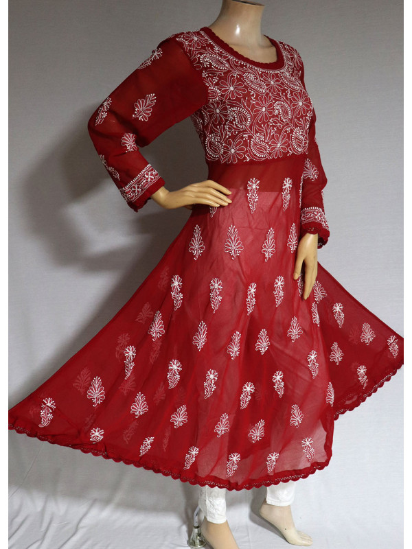 ISHIEQA's Red Georgette A-Line Chikankari Kurti - MV1401D