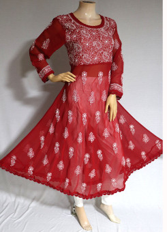 ISHIEQA's Red Georgette A-Line Chikankari Kurti - MV1401D