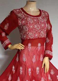 ISHIEQA's Red Georgette A-Line Chikankari Kurti - MV1401D