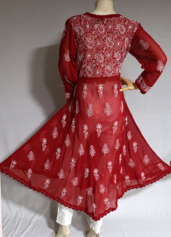 ISHIEQA's Red Georgette A-Line Chikankari Kurti - MV1401D