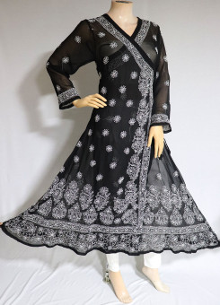 ISHIEQA's Black Georgette Angarakha Chikankari Kurti  - MV1502D